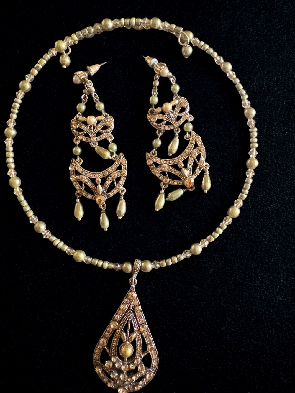 Elegant Gold-Tone Green Bead Pendant Necklace and Earrings Set Monet
